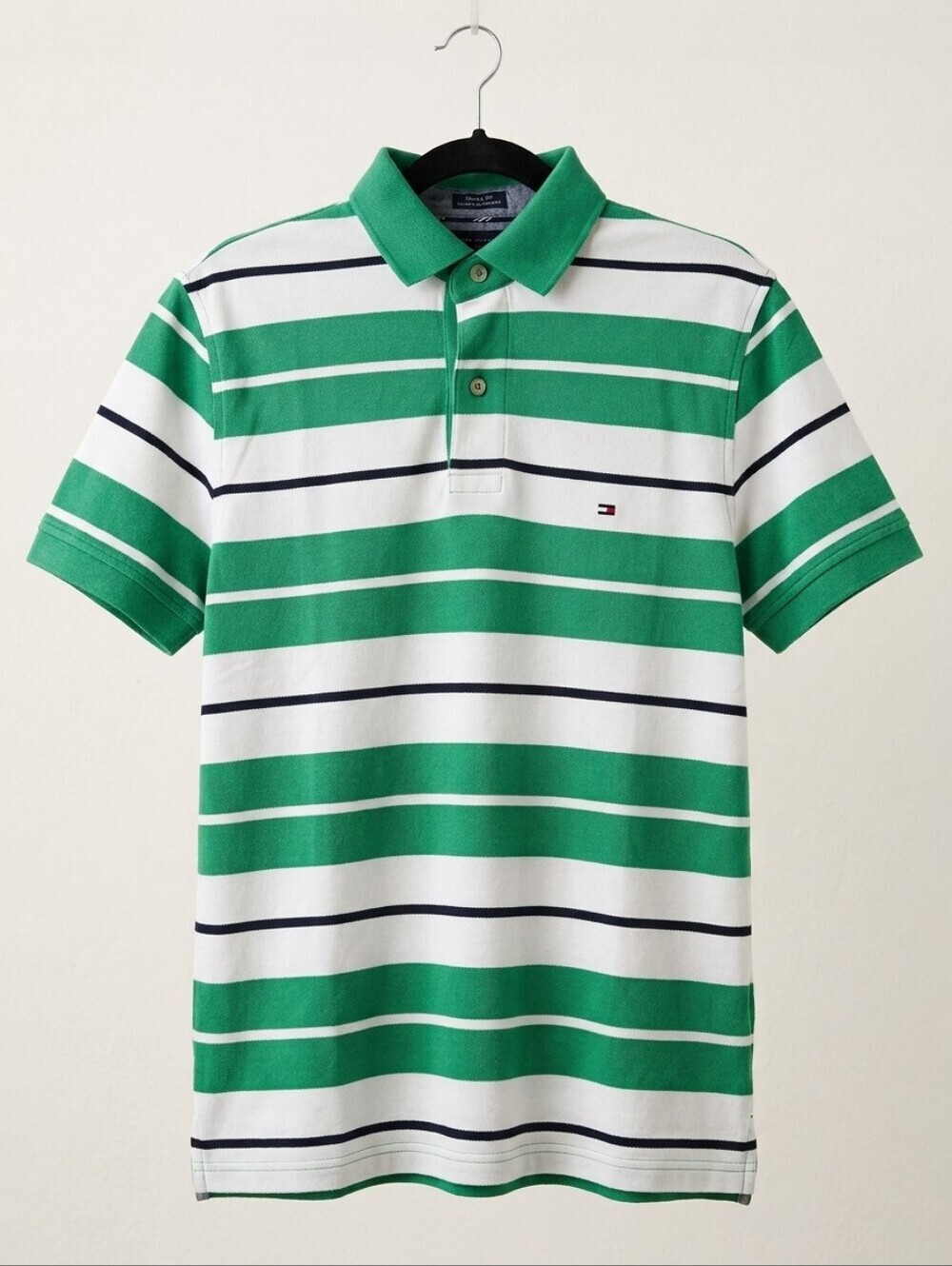 Tommy Hilfiger Green and White Striped Polo Crewneck- Men Size Small